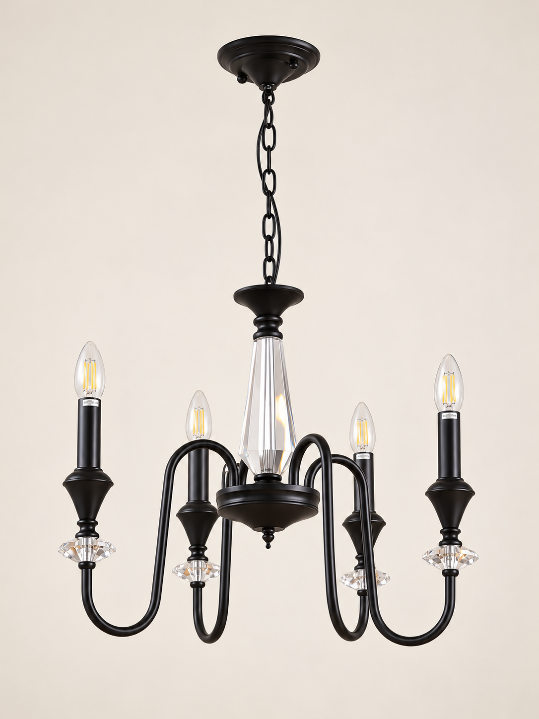 Black iron and crystal chandelier four clear