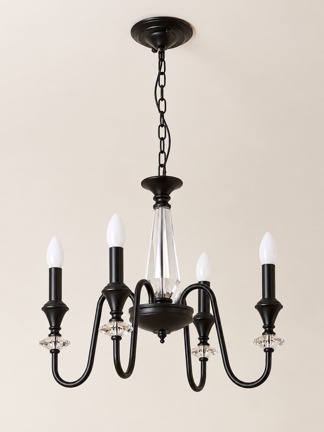 Black iron and crystal chandelier four milky