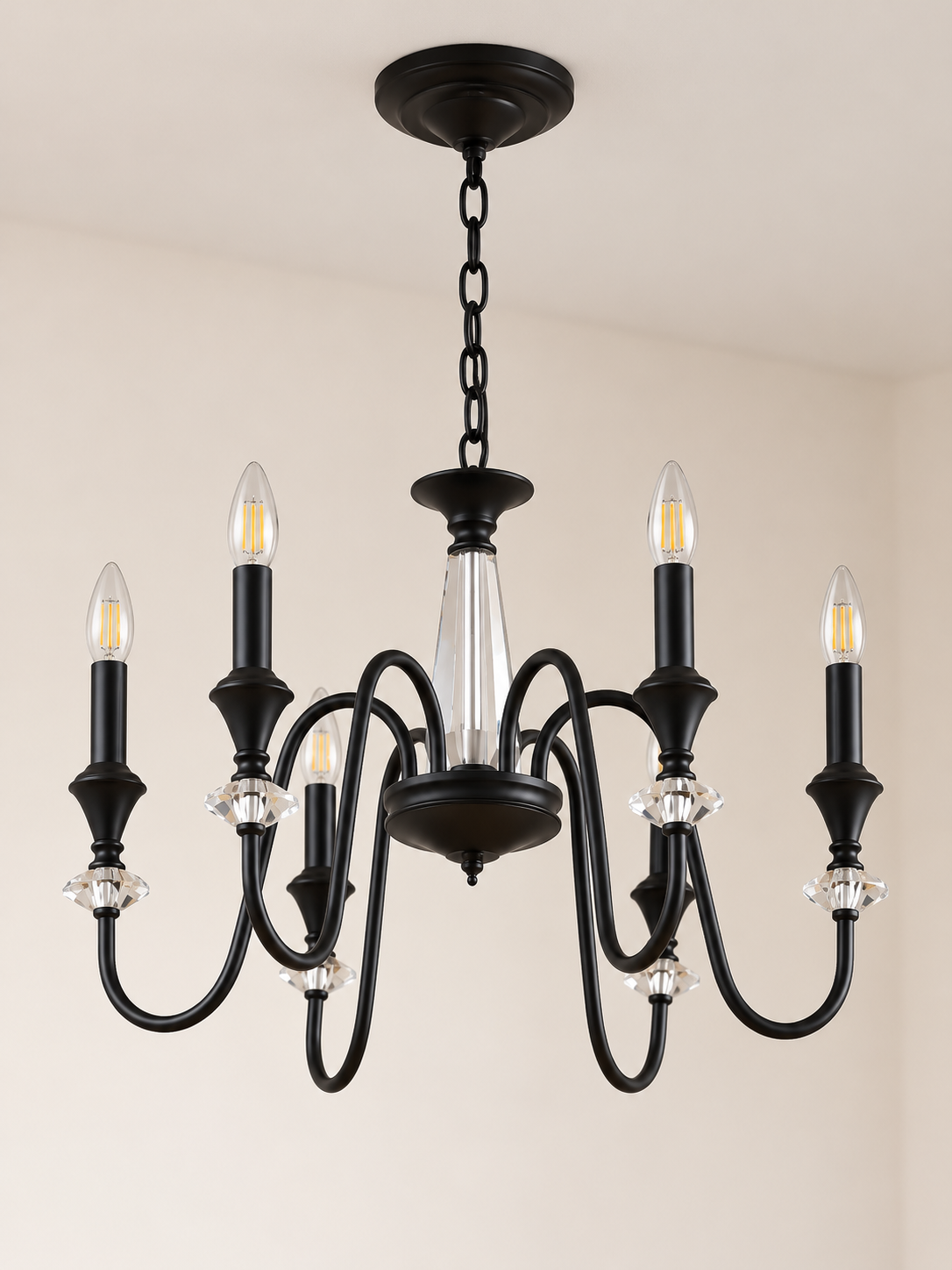 Black iron and crystal chandelier six clear