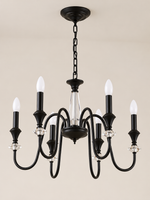 Black iron and crystal chandelier six milky