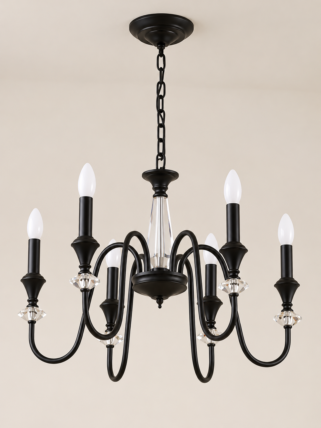 Black iron and crystal chandelier six milky