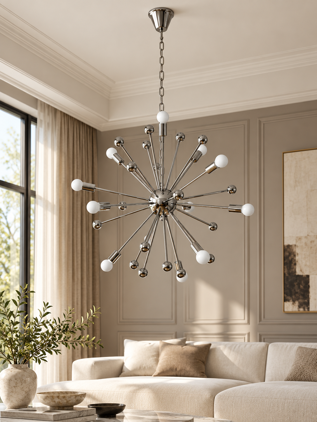 Chrome Ball-Tipped Sputnik Chandelier, 12 or 18 Lights — 12 Lights / Opal-White Bulbs — unlit interior scene