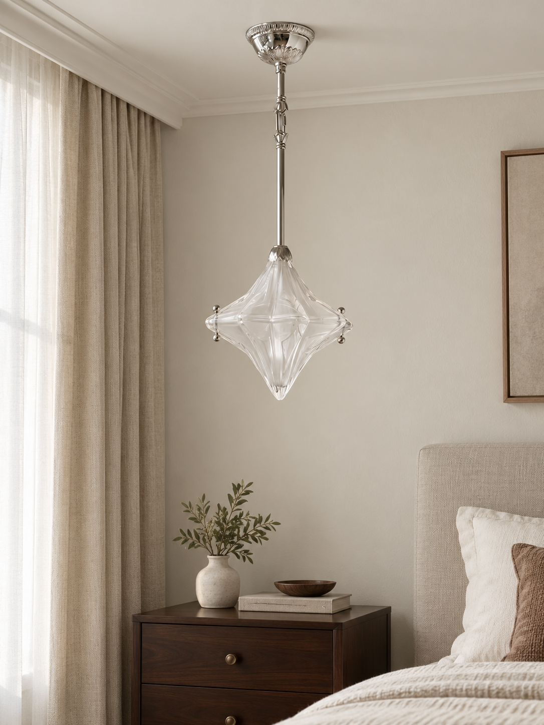 Sculpted Star Glass Single-Light Rod Pendant — Silver-Tone / 55 cm — unlit interior scene