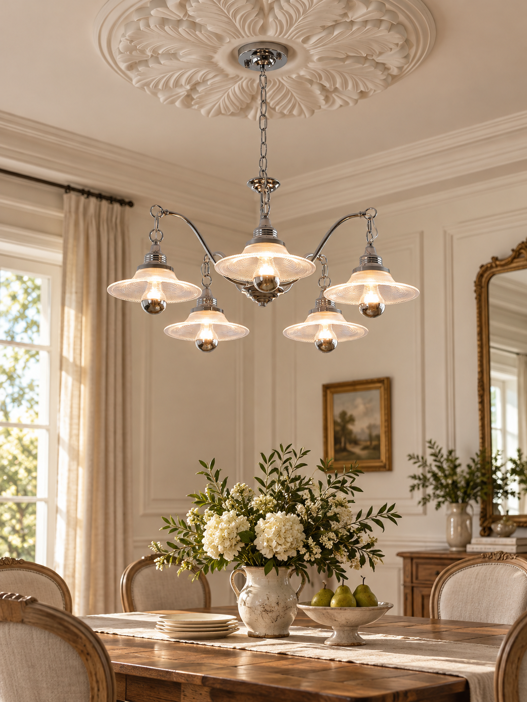 Five-light chrome and prismatic glass chandelier in a dining room