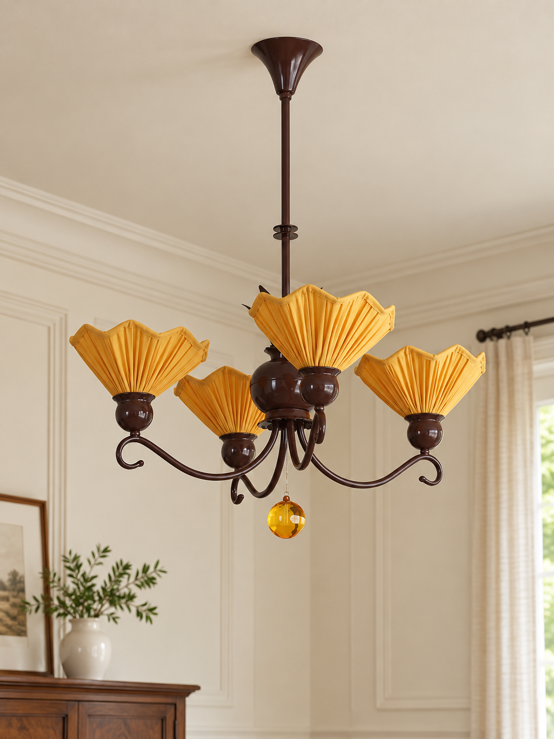 MD4660 pleated shade chandelier, 4-light chocolate and yellow unlit