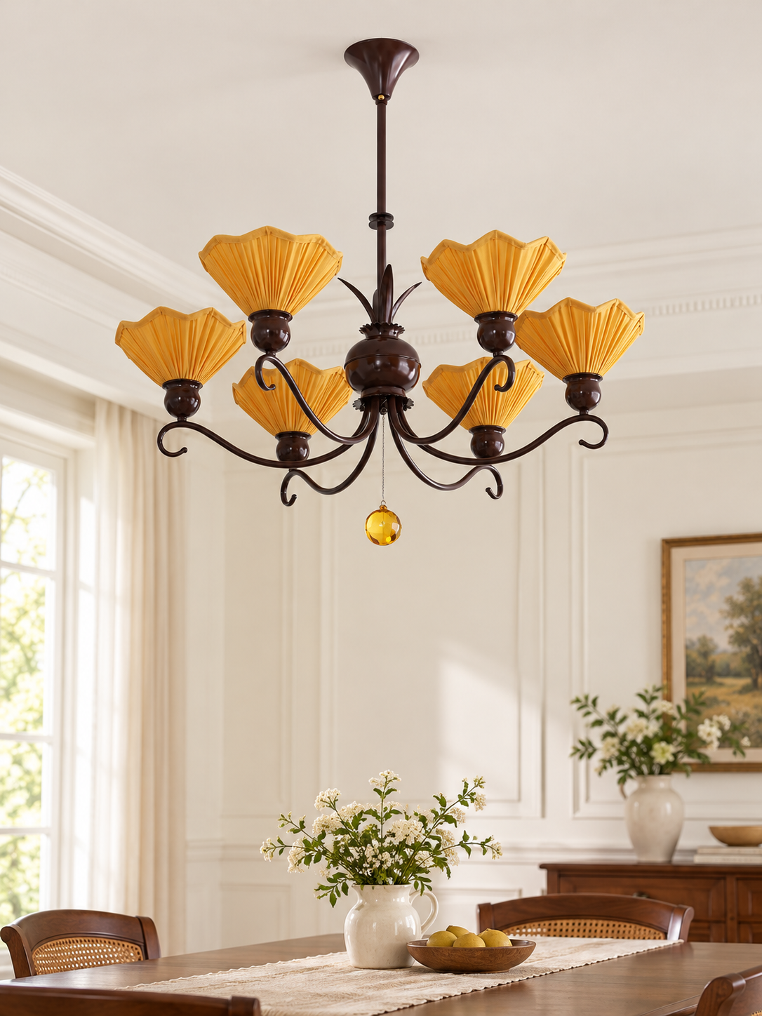 MD4660 pleated shade chandelier, 6-light chocolate and yellow unlit
