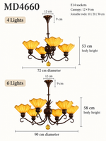 MD4660 pleated shade chandelier, 4-light and 6-light dimensions