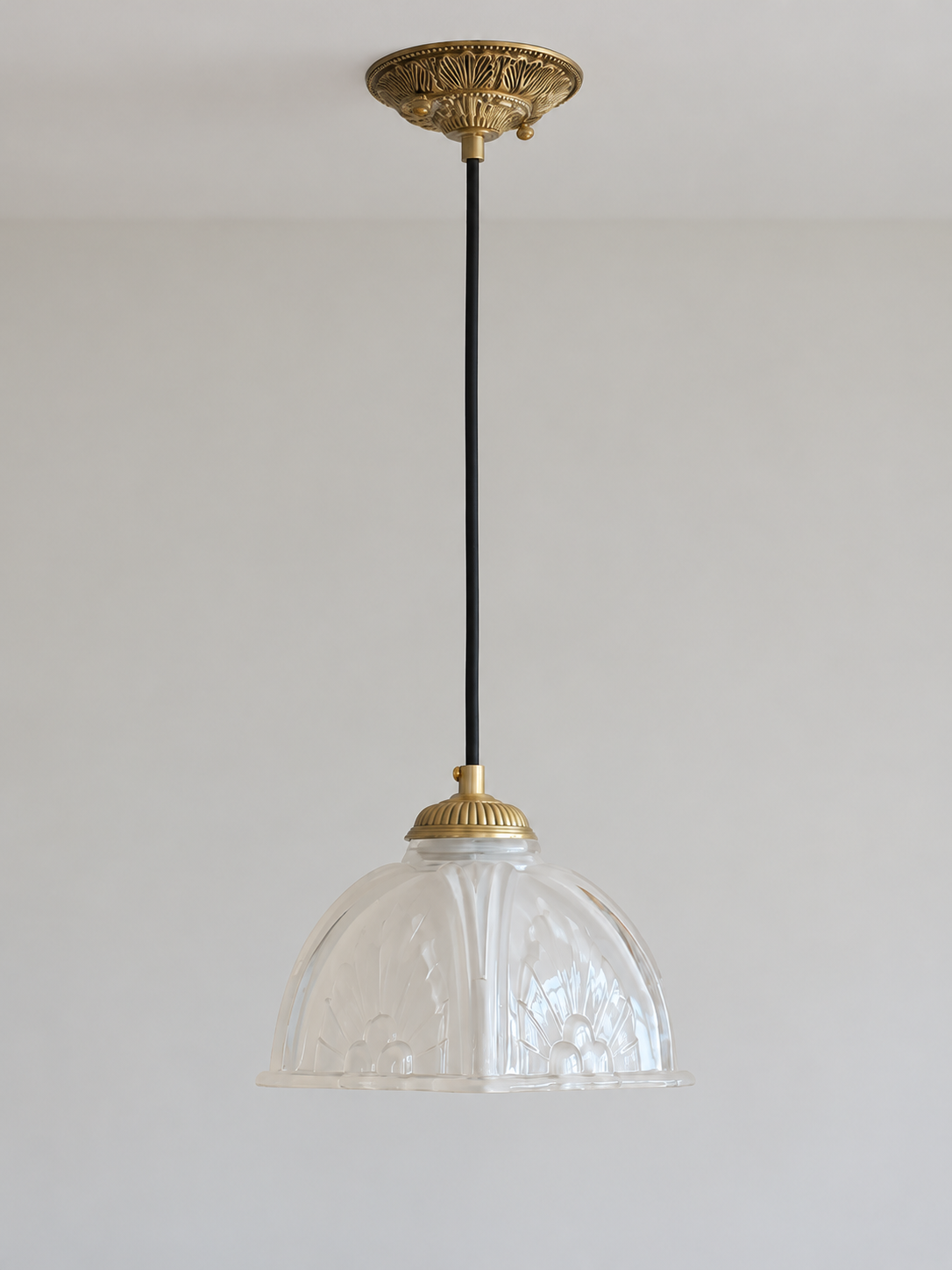 Copper-Tone pendant with translucent patterned glass dome, shown unlit, product view