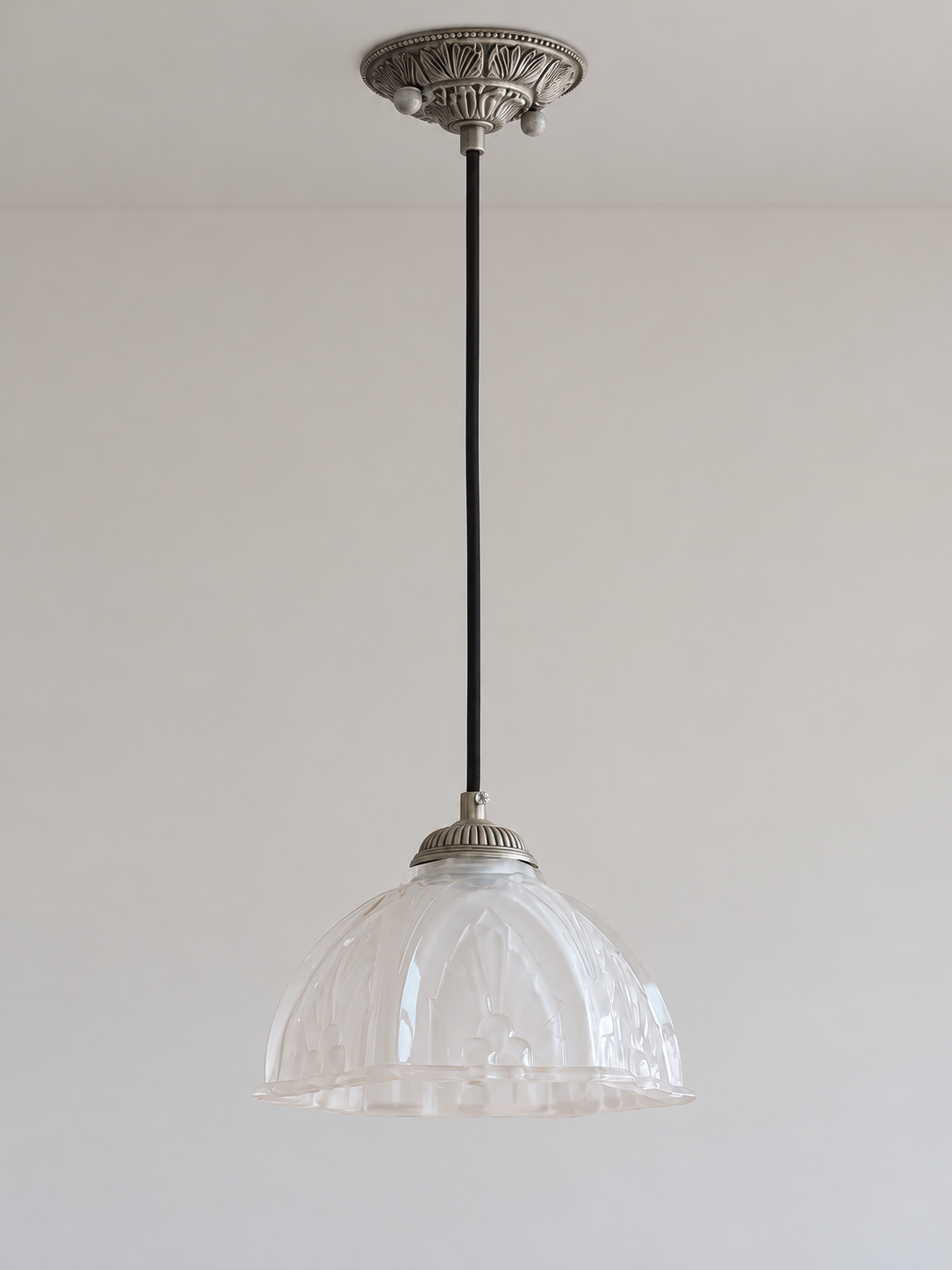 Antique Silver pendant with translucent patterned glass dome, shown unlit, product view