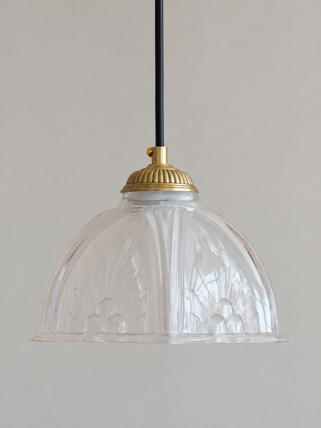 Copper-Tone pendant with translucent patterned glass dome, shown unlit, shade detail