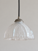 Antique Silver pendant with translucent patterned glass dome, shown unlit, shade detail