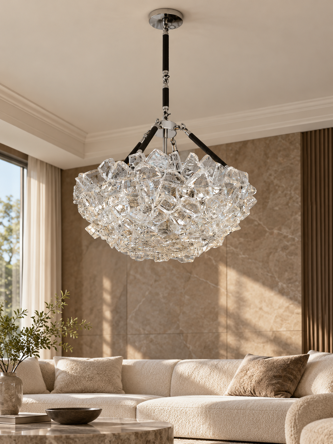 60 cm Faceted Crystal Bowl Chandelier, 220–240V — 60 cm / 8 Lights — unlit interior scene