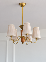 5-light round chandelier, full product view, unlit pleated fabric shades and copper-color hardware