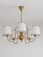 Copper-tone chandelier with 5 white stitched fabric shades, shown unlit, product view