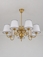 Copper-tone chandelier with 7 white stitched fabric shades, shown unlit, product view