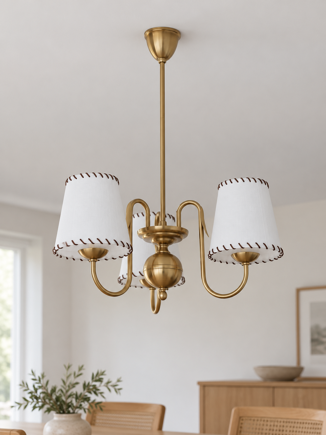 Copper-tone chandelier with 3 white stitched fabric shades, shown unlit, daylight dining-room setting
