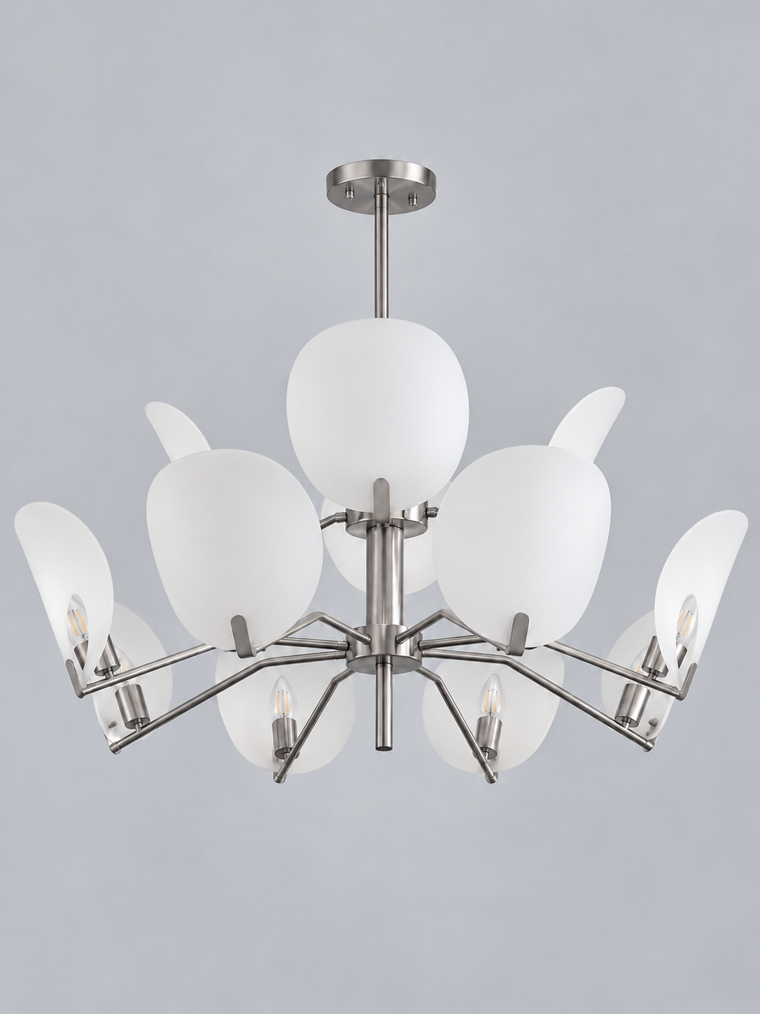 Satin Nickel-Tone Acrylic Petal Chandelier — 8+4 Lights / Two Tiers — unlit product view