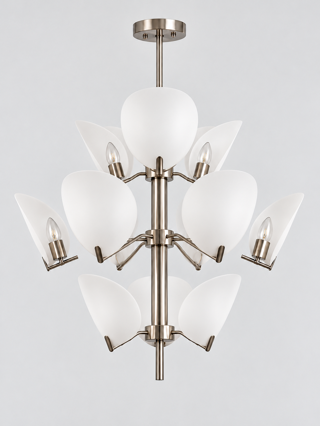 Satin Nickel-Tone Acrylic Petal Chandelier — 3+6+3 Lights / Three Tiers — unlit product view