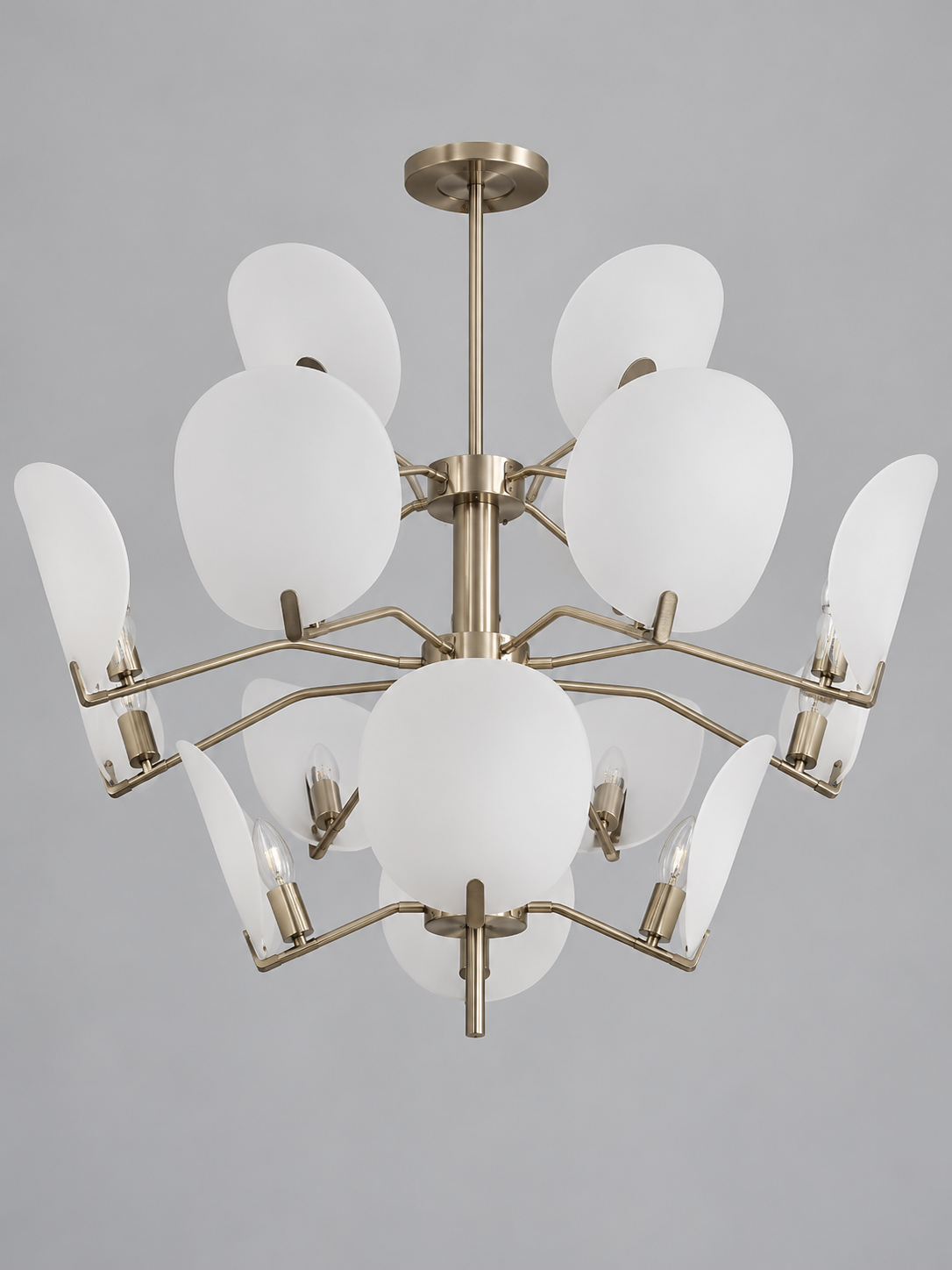 Satin Nickel-Tone Acrylic Petal Chandelier — 4+8+4 Lights / Three Tiers — unlit product view