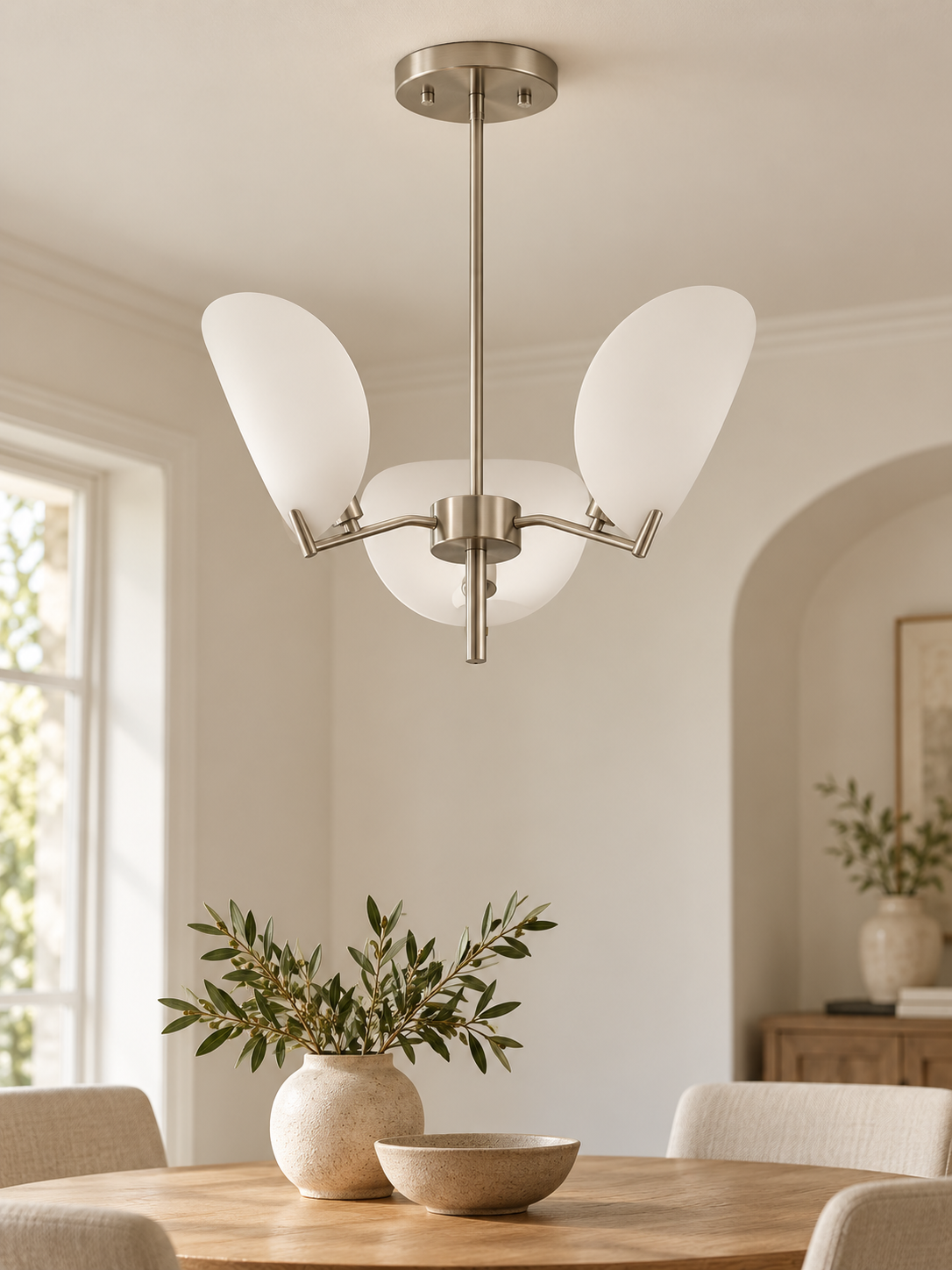 Satin Nickel-Tone Acrylic Petal Chandelier — 3 Lights / Single Tier — unlit interior scene