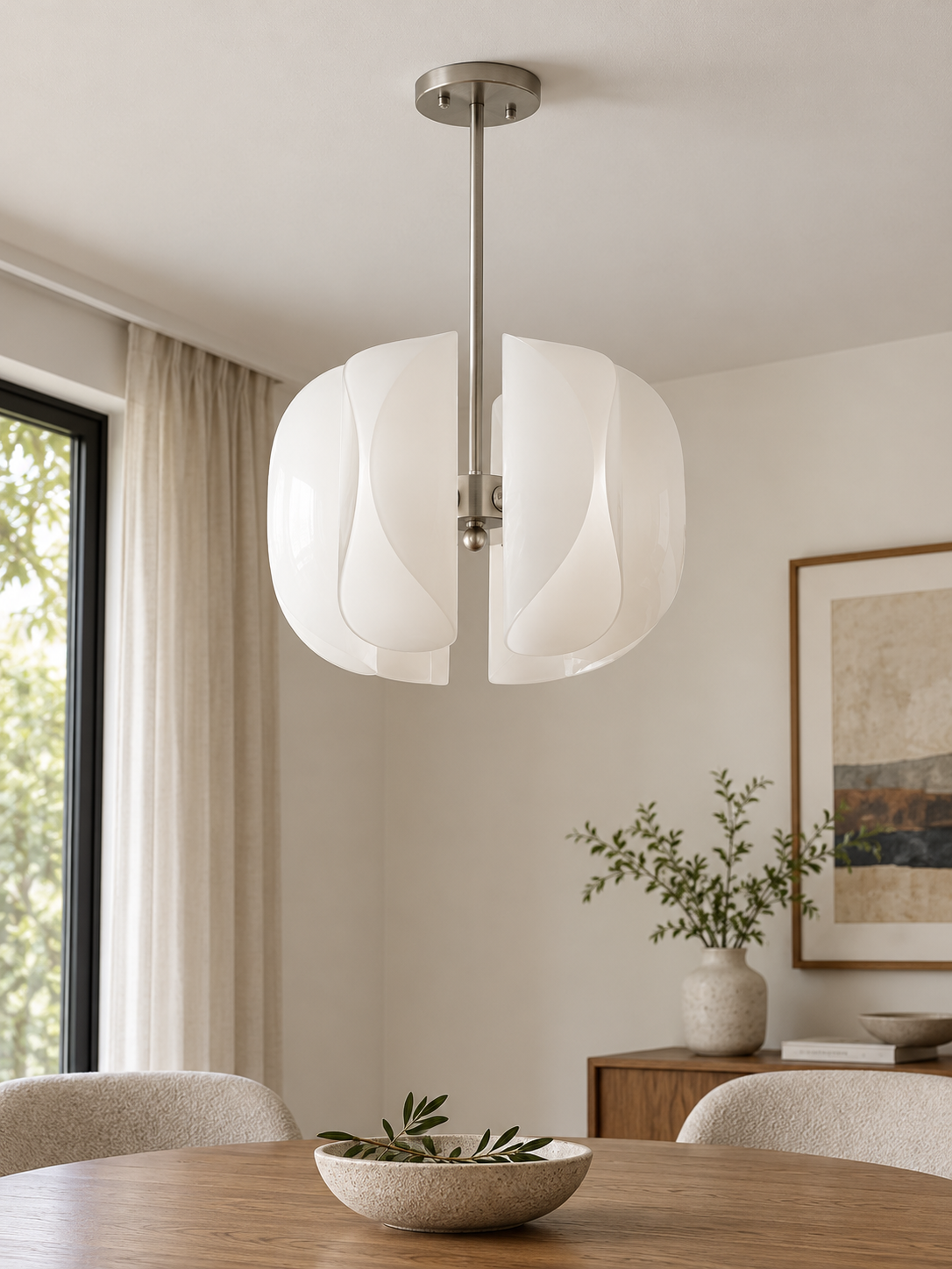 White Glass Petal Chandelier, Tiered or Linear — 6-light single tier — unlit interior scene
