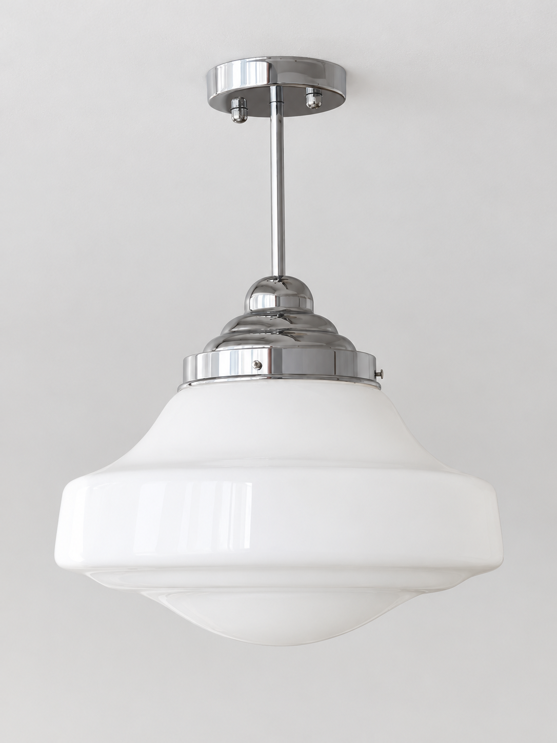 Retro white glass and chrome light, Stepped Pendant / 38 x 44 cm, shown unlit, product view