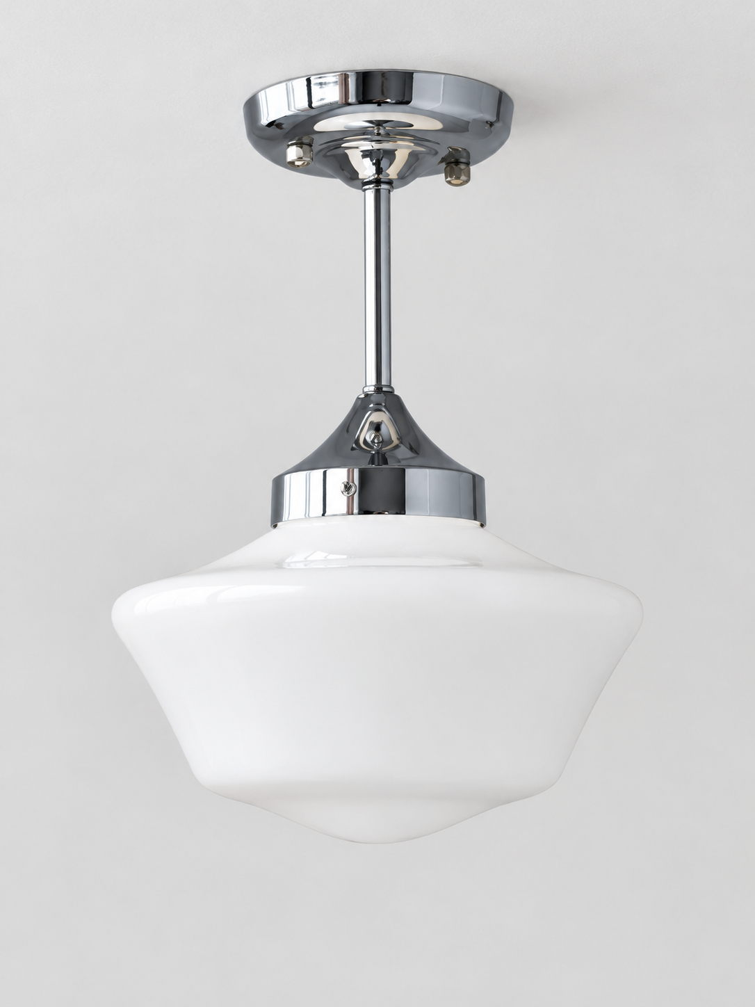 Retro white glass and chrome light, Compact Pendant / 25 x 33 cm, shown unlit, product view