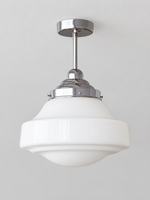 Retro white glass and chrome light, Stepped Pendant / 30 x 39 cm, shown unlit, product view