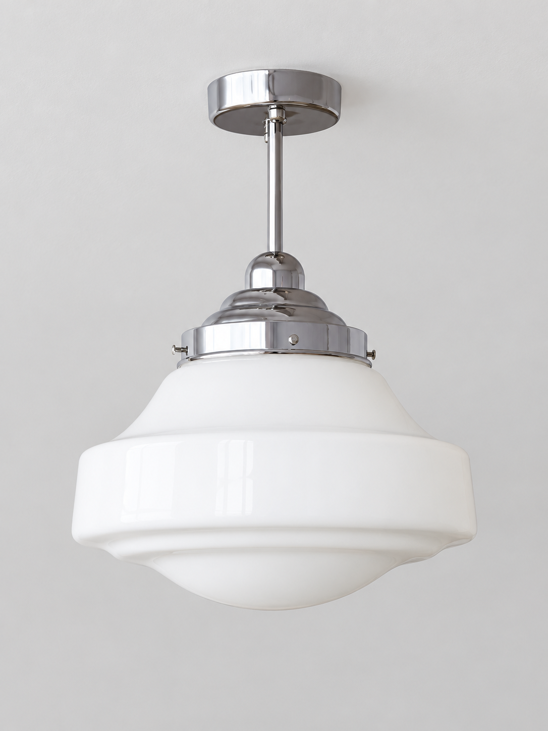 Retro white glass and chrome light, Stepped Pendant / 30 x 39 cm, shown unlit, product view