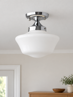 Retro white glass and chrome light, Compact Ceiling / 25 x 23 cm, shown unlit, daylight entryway setting