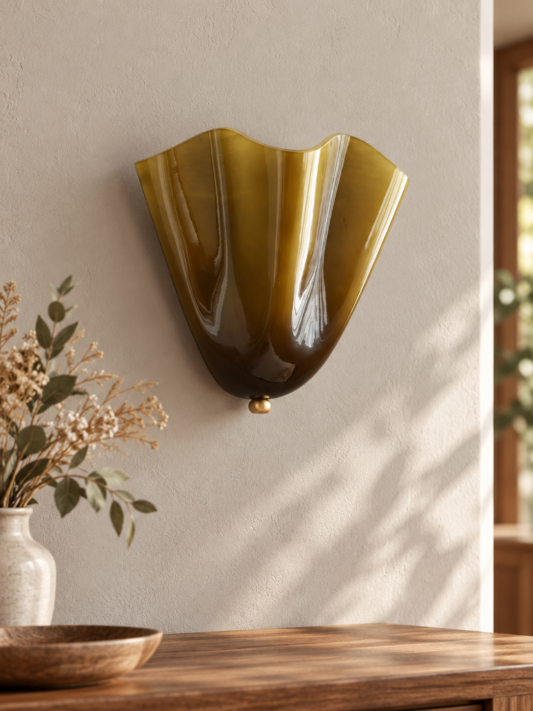 Scalloped fan glass wall sconce, Green, lifestyle hero