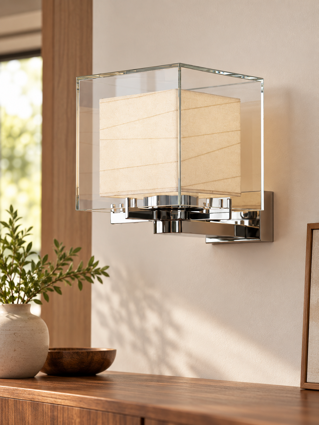 Clear glass cube and paper wall sconce, Small