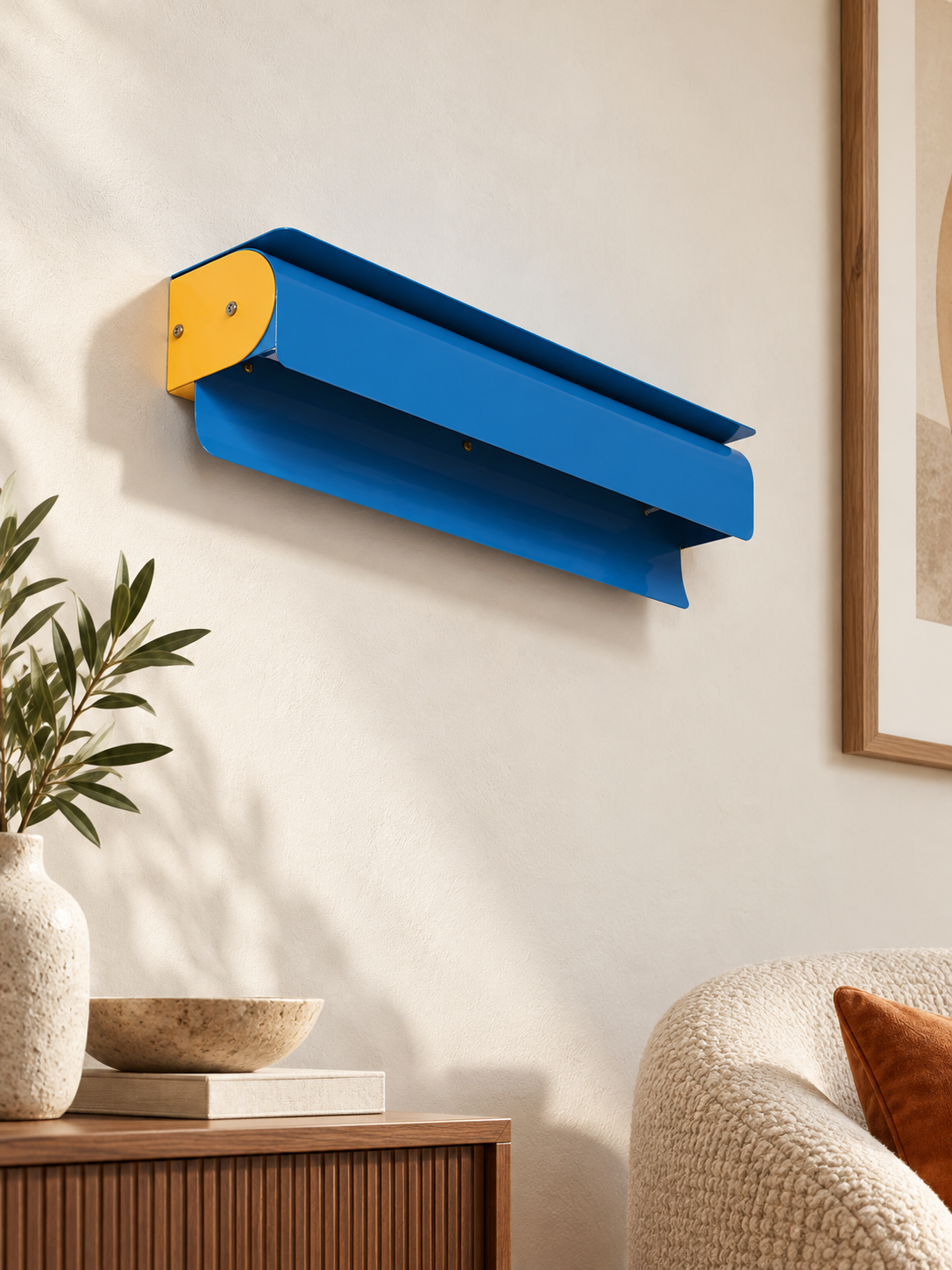 Colorblock curved metal wall light, blue and yellow, lifestyle hero