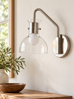 Nickel gooseneck clear glass wall sconce, Nickel tone and clear, lifestyle hero