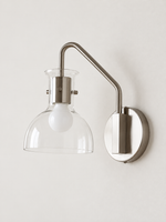 Nickel gooseneck clear glass wall sconce, Nickel tone and clear
