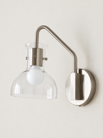 Nickel gooseneck clear glass wall sconce, Nickel tone and clear