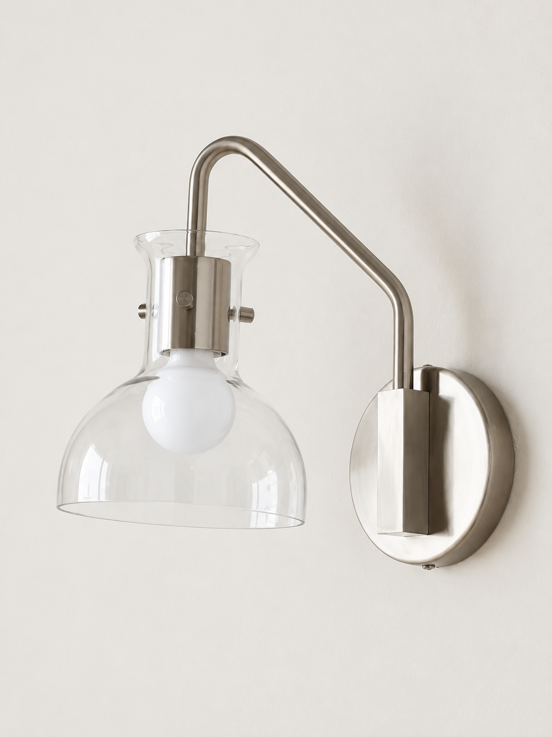 Nickel gooseneck clear glass wall sconce, Nickel tone and clear