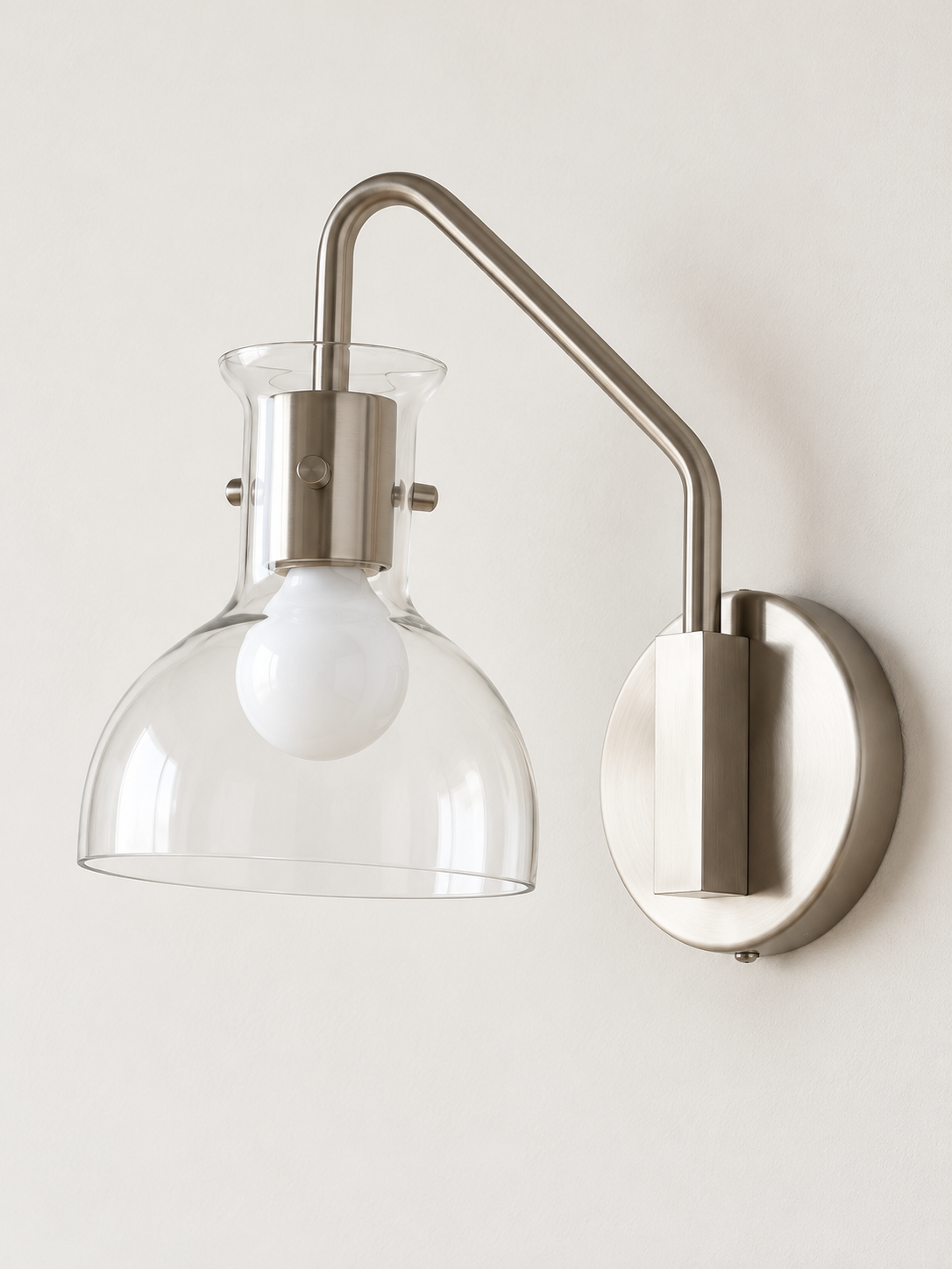 Nickel gooseneck clear glass wall sconce, Nickel tone and clear