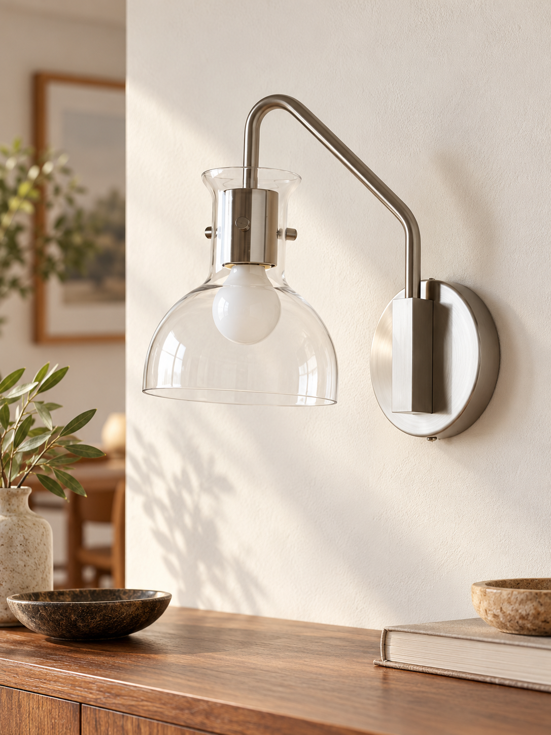 Nickel gooseneck clear glass wall sconce, Nickel tone and clear