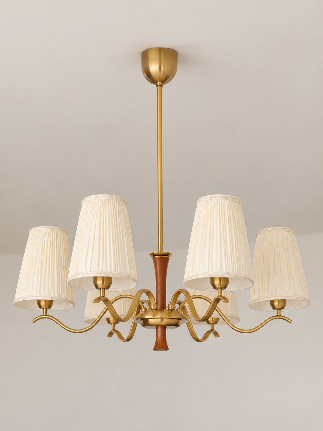 Pleated cream shade scroll chandelier, 6-light round