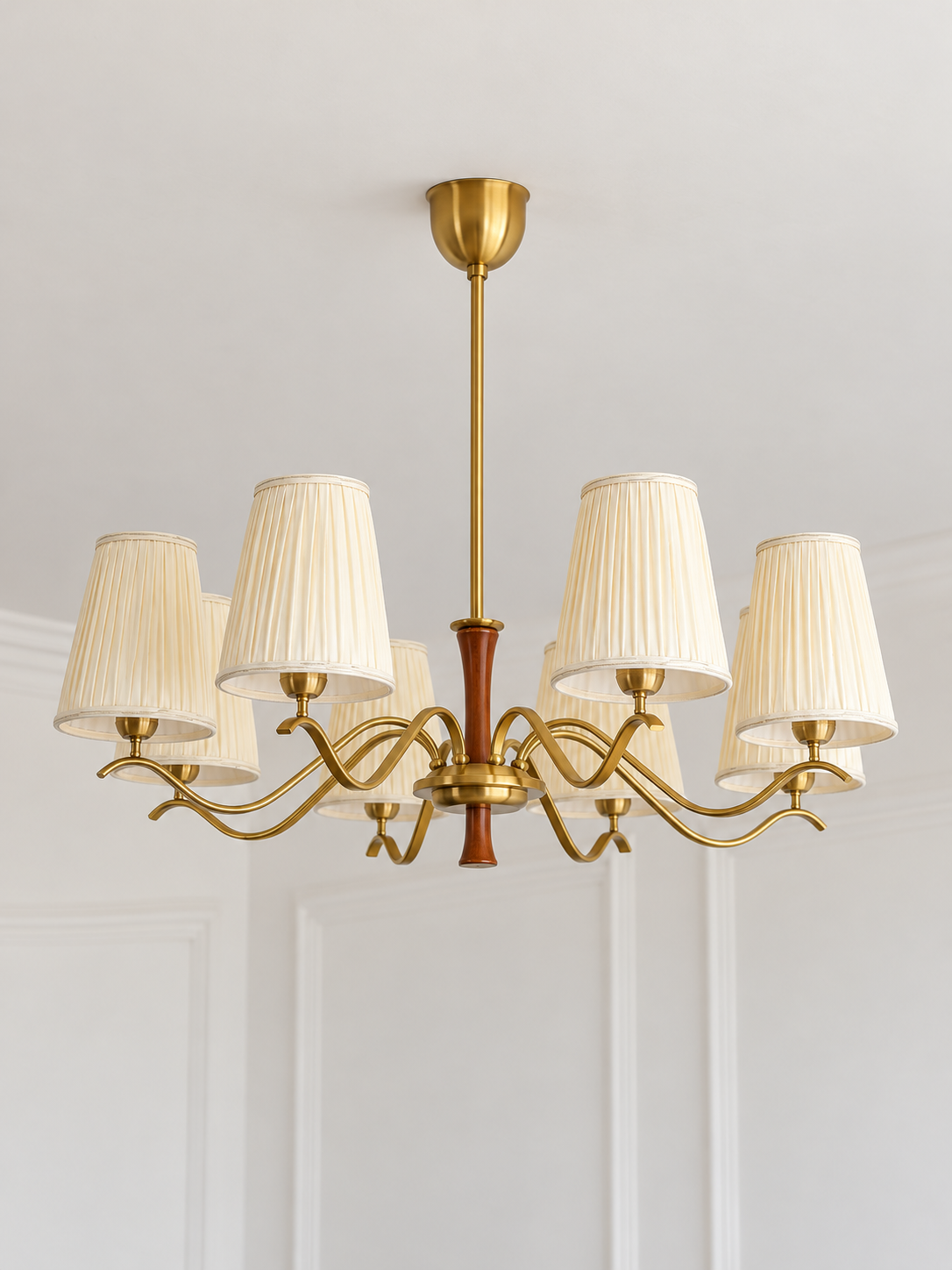 Pleated cream shade scroll chandelier, 8-light round