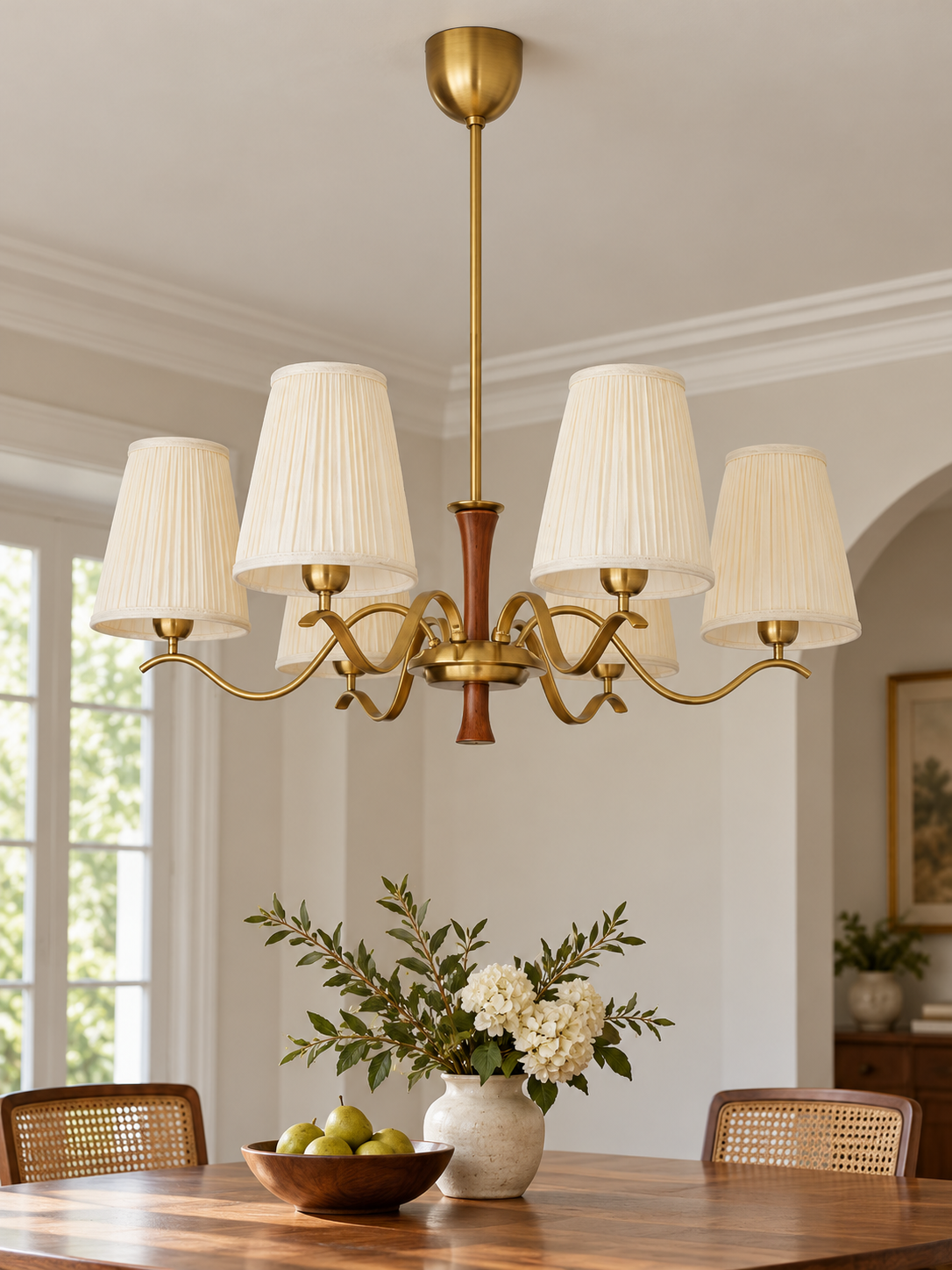 Pleated cream shade scroll chandelier, 6-light round