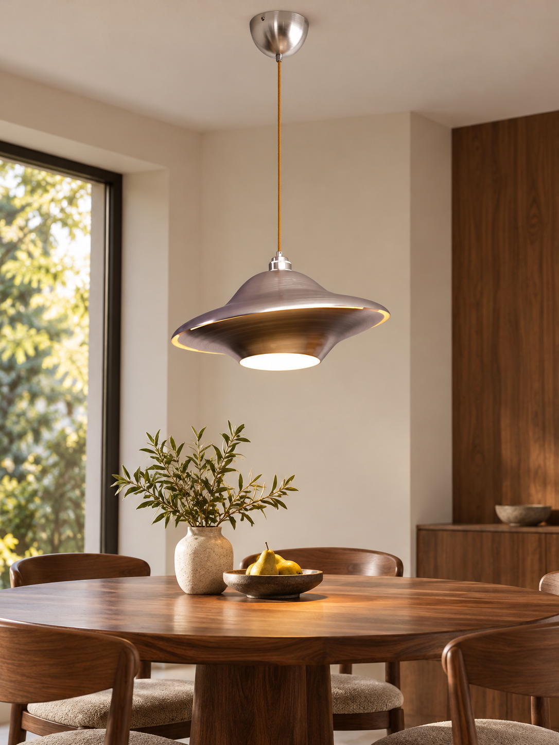 Sculptural Aluminum Saucer Pendant Light - styled interior