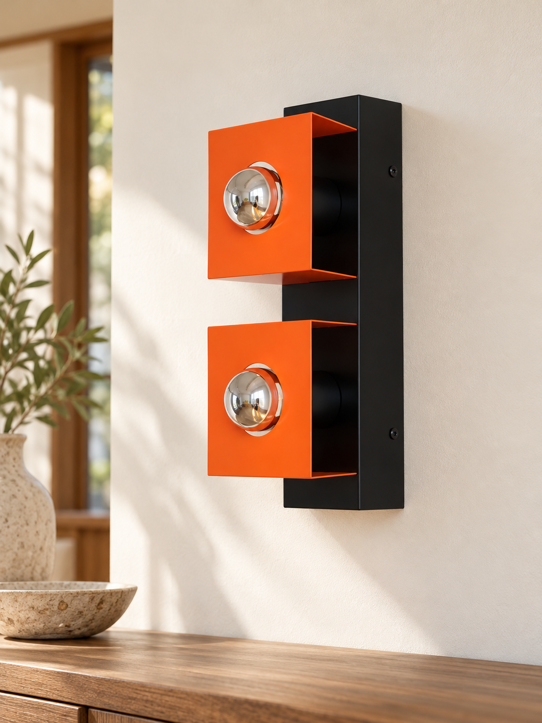 Orange square twin wall light, Half-mirrored, lifestyle hero
