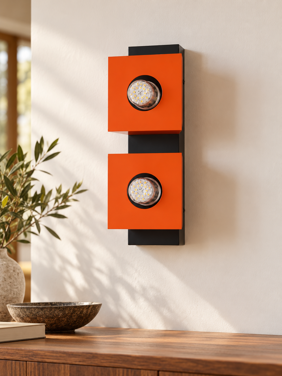 Orange square twin wall light, LED corn