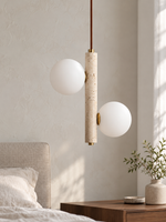 Travertine Stem and Glass Globe Pendant — Two-Light · 25 × 32 cm