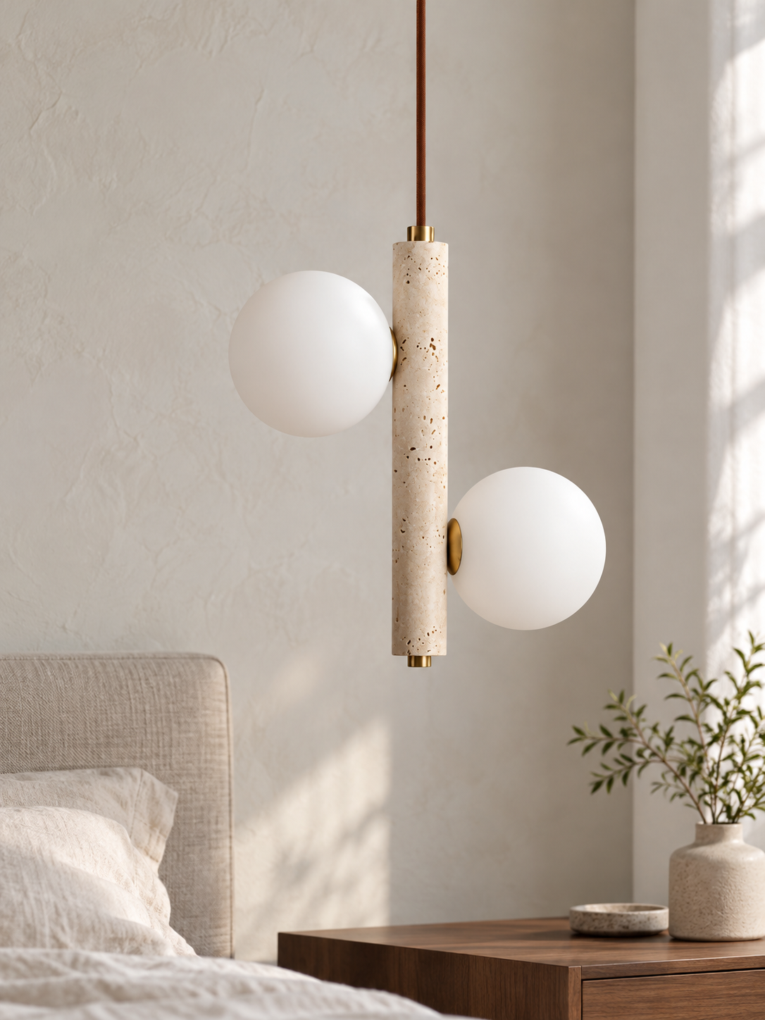 Travertine Stem and Glass Globe Pendant — Two-Light · 25 × 32 cm