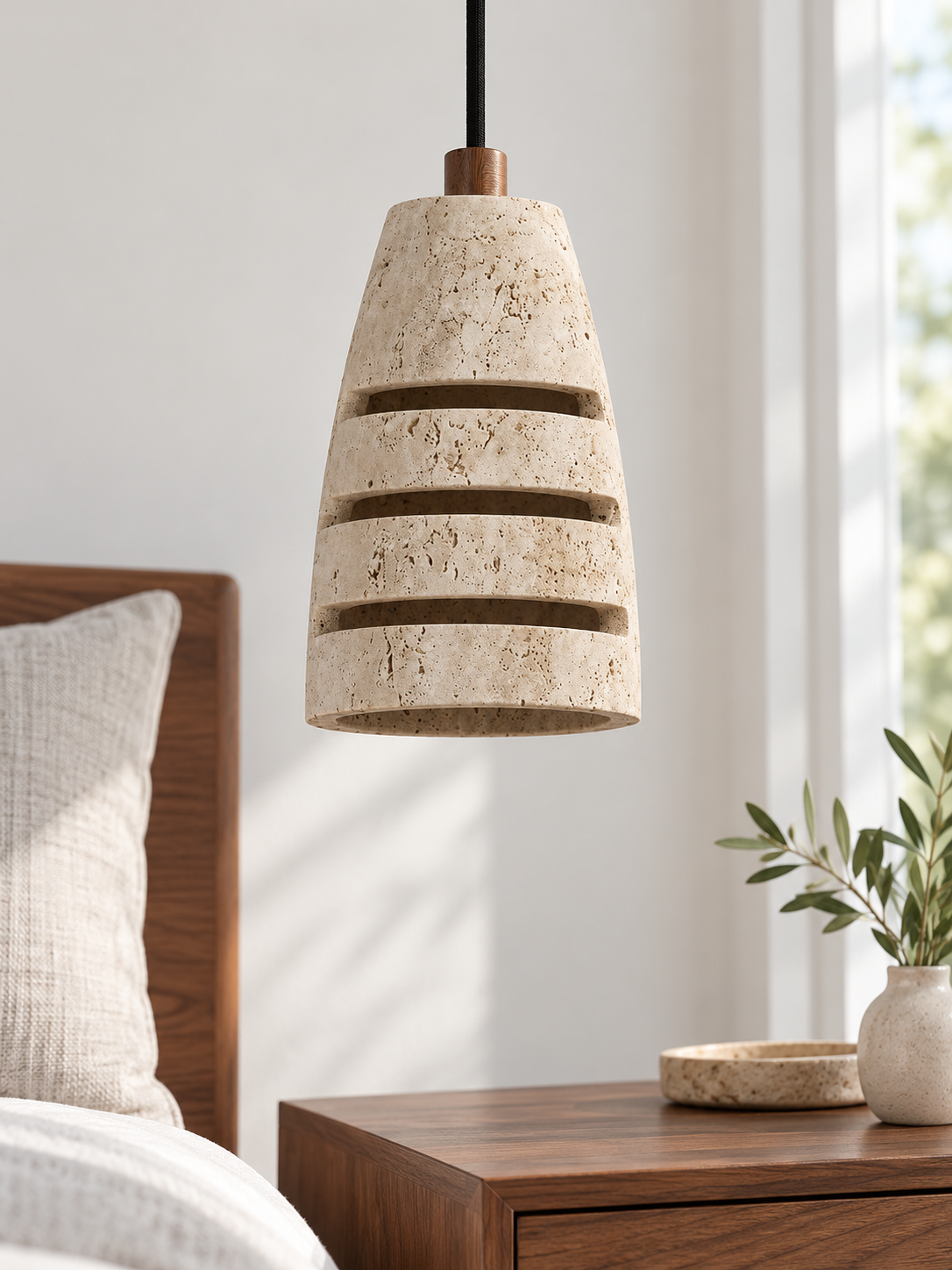 Slotted Travertine Pendant, Single or Three-Light — Single · Standard