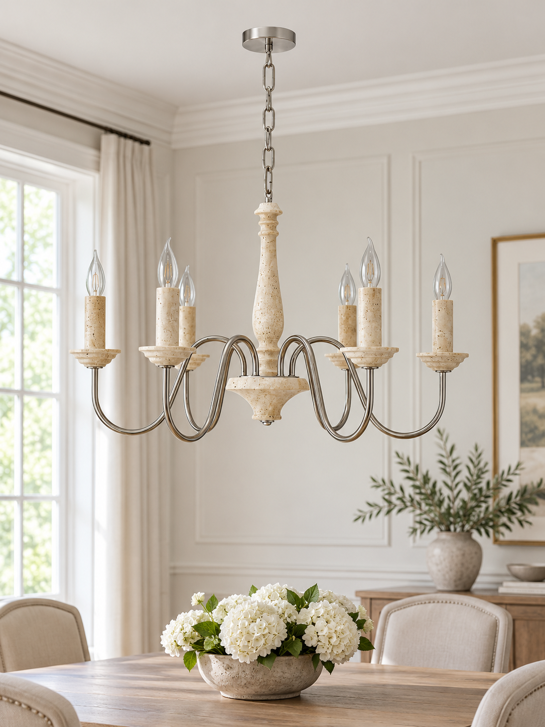 Travertine Candle Chandelier with Silver-Tone Arms — product view 1