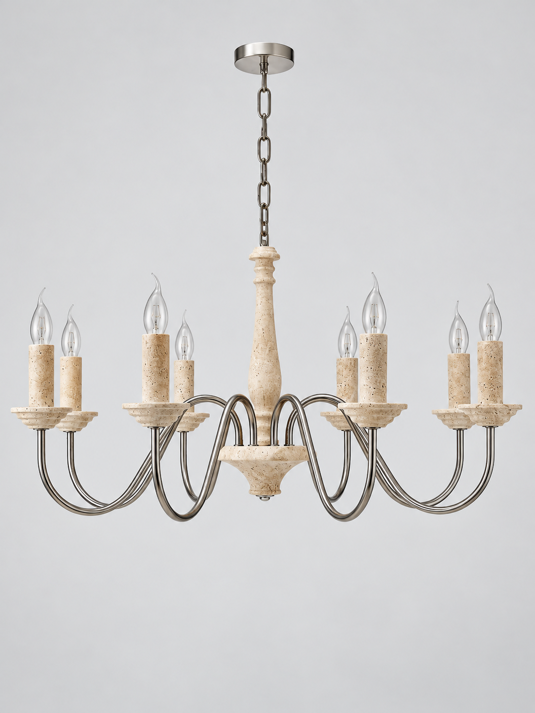 Travertine Candle Chandelier with Silver-Tone Arms — product view 2